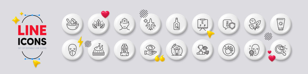 Salad, Leaves and Vaccine protection line icons. White buttons 3d icons. Pack of Alcohol free, Sunscreen, Vision test icon. Face verified, Vision board, Health eye pictogram. Vector