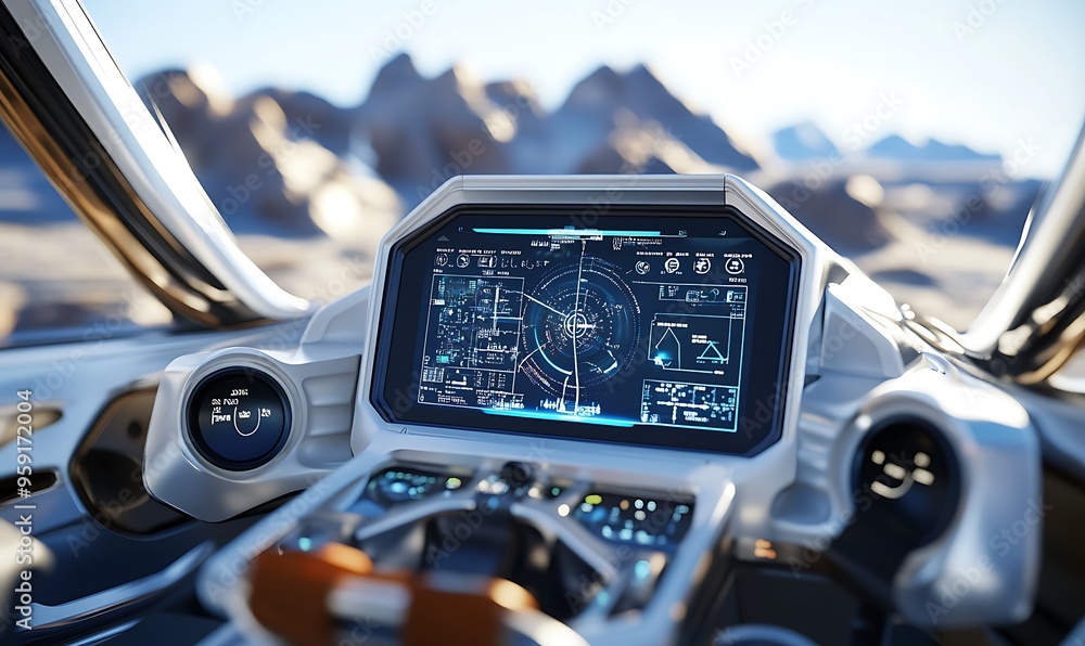 Poster futuristic vehicle cockpit with digital display and controls