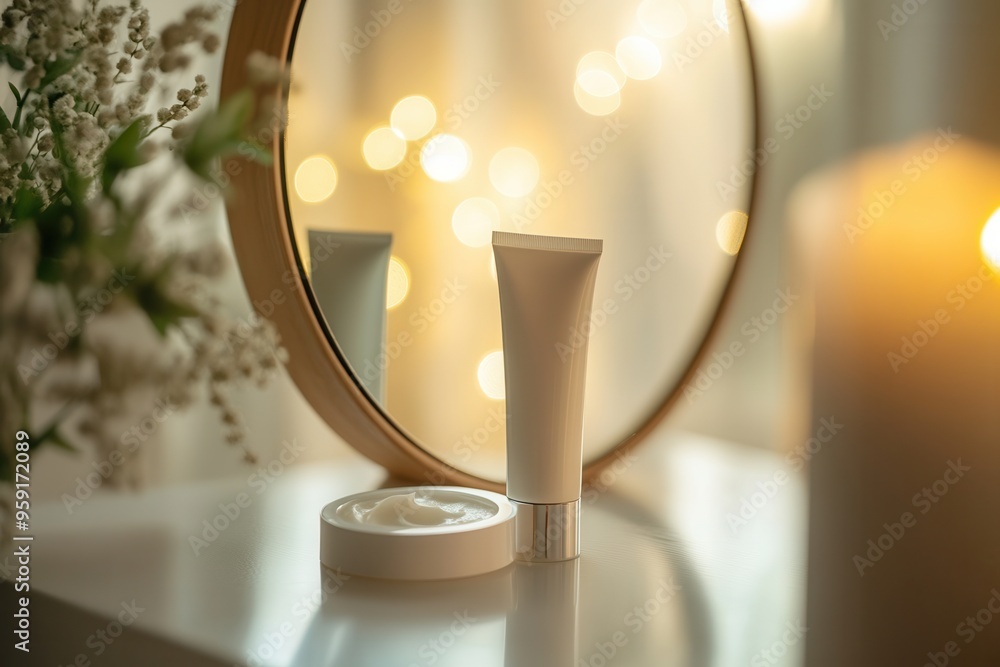Poster a tube of cream rests on a surface, mirrored in a reflection, next to a candle in a warmly lit space