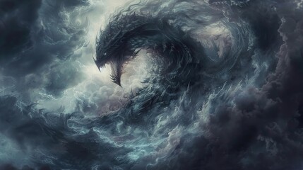 A dark, swirling cloud formation in the sky resembles a dragon's head with open mouth and sharp teeth, with a glimpse of the sun behind it.