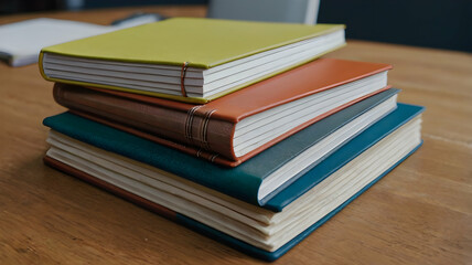 stack of note books on table 