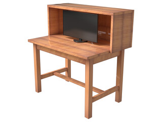 3D black blank computer monitor or TV on realistic wooden table.