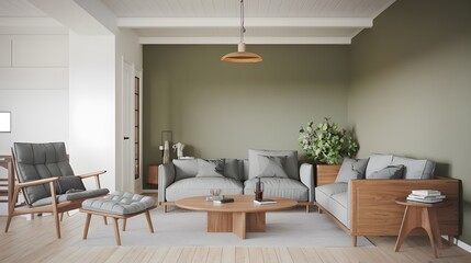 Fototapeta premium A Scandinavian home interior design of a modern living room. There is a wooden coffee table and a lounge chair near a gray sofa. The room has a green wall and a white ceiling