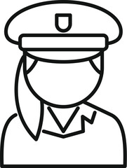 Simple line icon of a policewoman wearing a uniform cap, representing law enforcement and security