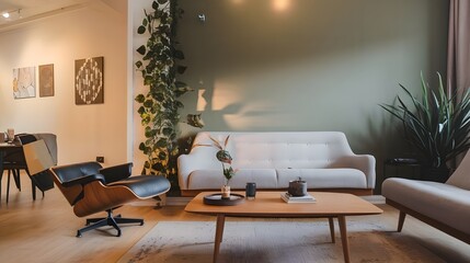 A Scandinavian home interior design of a modern living room. There is a wooden coffee table and a lounge chair near a gray sofa. The room has a green wall and a white ceiling
