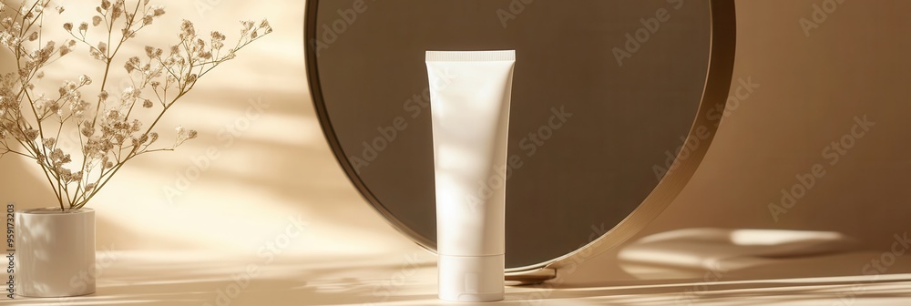 Aufkleber a white tube of cream is positioned on a surface, with a mirror behind it reflecting soft sunlight, 