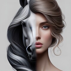 Fototapeta premium A half-image of a gray horse with a white mane, combined with the face of a young woman with light, tied-up hair