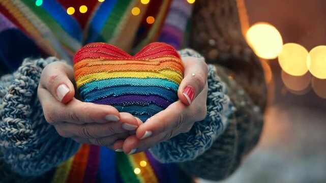 Hands gently hold a textured rainbow heart, embodying warmth and inclusivity against a snowy backdrop, celebrating love during the winter season