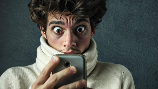 A young man, wrapped in a cozy sweater, stares wide-eyed at his smartphone, completely taken aback by what he's just discovered. His astonishment fills the room with tension and curiosity