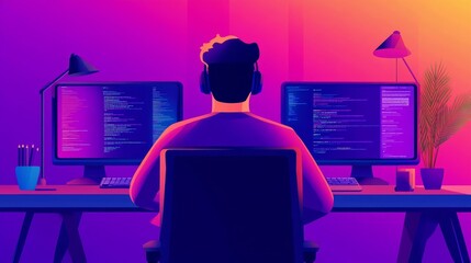 Developer coding frontend design, augmented screens, futuristic office setup