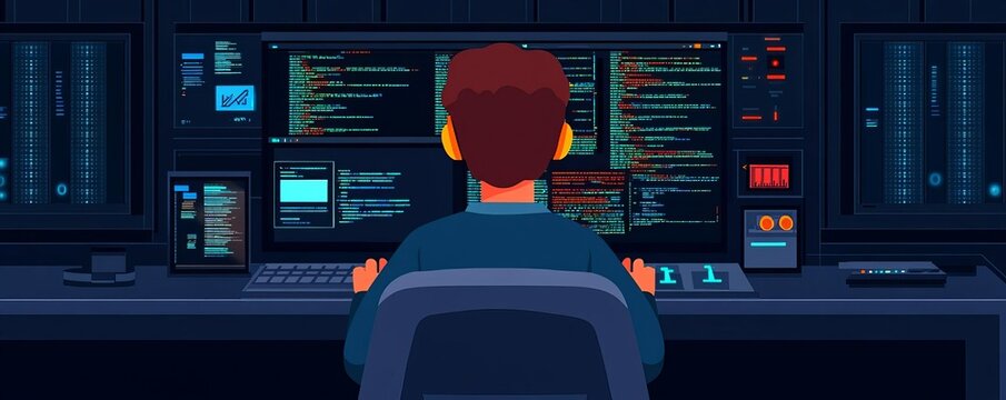 Developer coding frontend elements, digital interface, high-tech lab