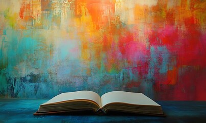 Open Book on a Blue Surface with a Colorful Abstract Background