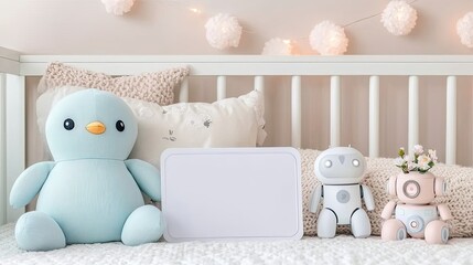 A blue penguin plush toy and a small robot sit on a baby's bed, surrounded by flowers and soft pillows, creating a warm and inviting atmosphere for a child's room