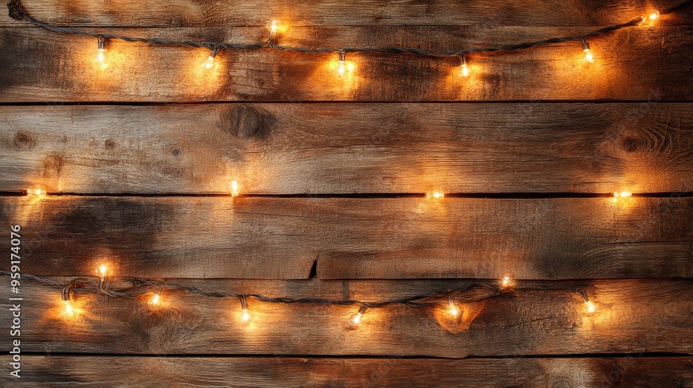 Wall mural Warm festive string lights on rustic wooden background