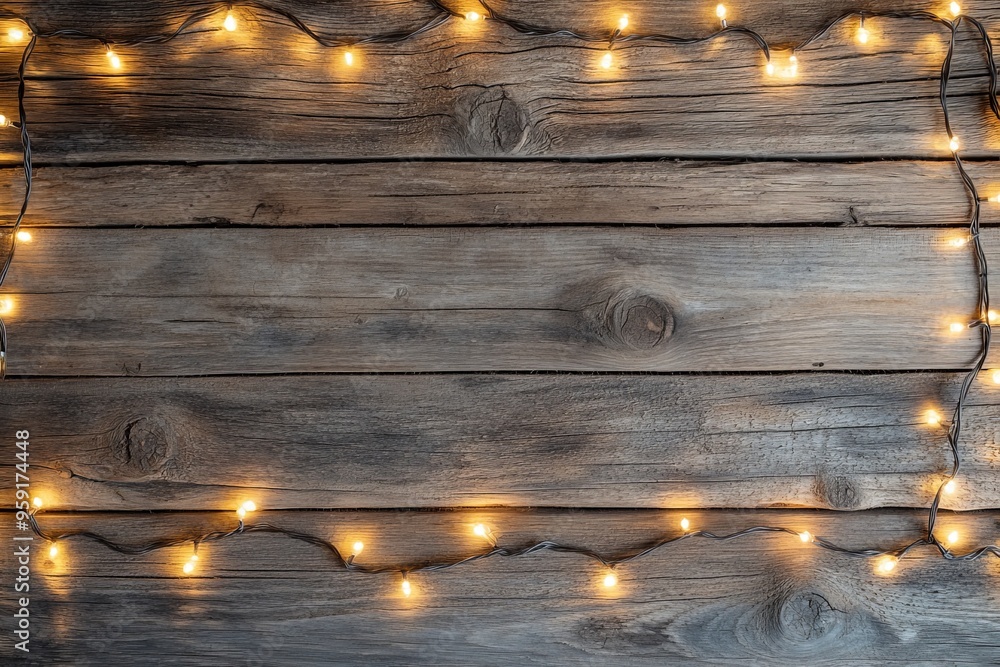 Wall mural Warm glow of cozy fairy lights on rustic wooden background