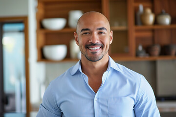 Obraz premium middle aged Hispanic male realtor dressed in light blue shirt indoor