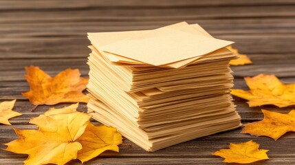Blank kraft paper sheets are neatly stacked on an aged wooden table, illuminated by soft sunlight, with vibrant autumn leaves scattered around