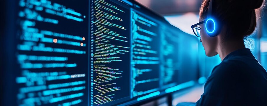 Frontend developer, virtual screens, coding modern interfaces, blue neon highlights