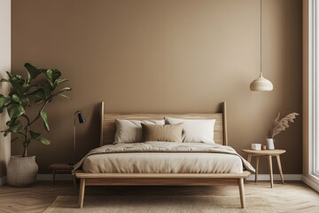 This serene beige bedroom features a stunning wooden bed with plush pillows against a warm backdrop, perfect for relaxation and rejuvenation, creating a tranquil and stylish retreat