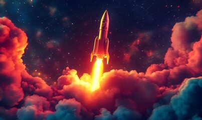 Rocket Launching Through Red and Blue Clouds in a Starry Night