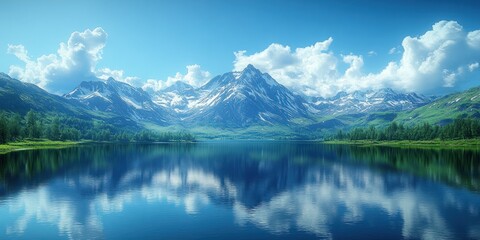 Naklejka premium Tranquil Mountain Lake with Snowy Peaks and Reflecting Clouds