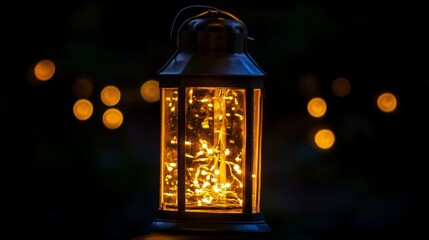 Warm glowing lantern with fairy lights on a dark night background