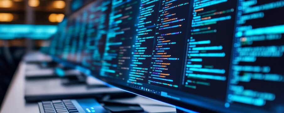 Frontend developer, virtual screens, coding modern interfaces, blue neon highlights