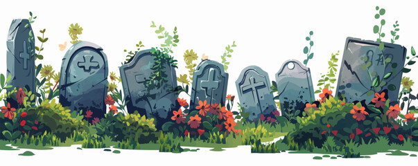 Graveyard with multiple tombstones on a white background. Vector flat isolated.