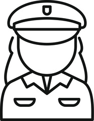 Simple line icon of a female police officer wearing a uniform, representing law enforcement