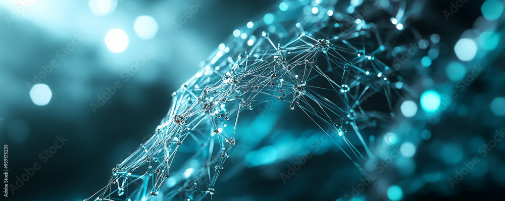 Poster a futuristic 3d abstract background with interconnected lines and nodes in metallic silver and teal.