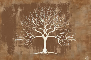 A simple white line drawing on a rich brown background of a tree with spreading branches. The earthy tones emphasize the strength and stability of the natural world.