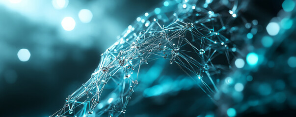 A futuristic 3D abstract background with interconnected lines and nodes in metallic silver and teal. The design has a high-tech feel, with glowing accents and a sense of movement.
