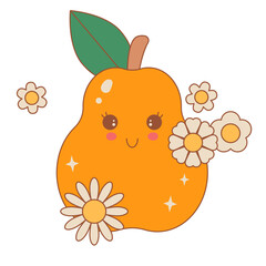 Groovy Thanksgiving Day pear fruit character with flower. Happy Thanksgiving Cute Element pear. Thanksgiving pear Vector Illustration