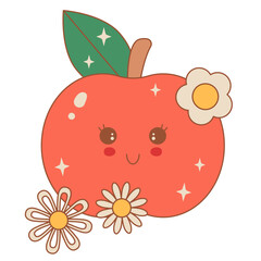 Groovy Thanksgiving Day apple fruit character with flower. Happy Thanksgiving Cute Element apple. Thanksgiving apple Vector Illustration