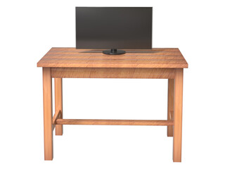 3D black blank computer monitor or TV on realistic wooden table.
