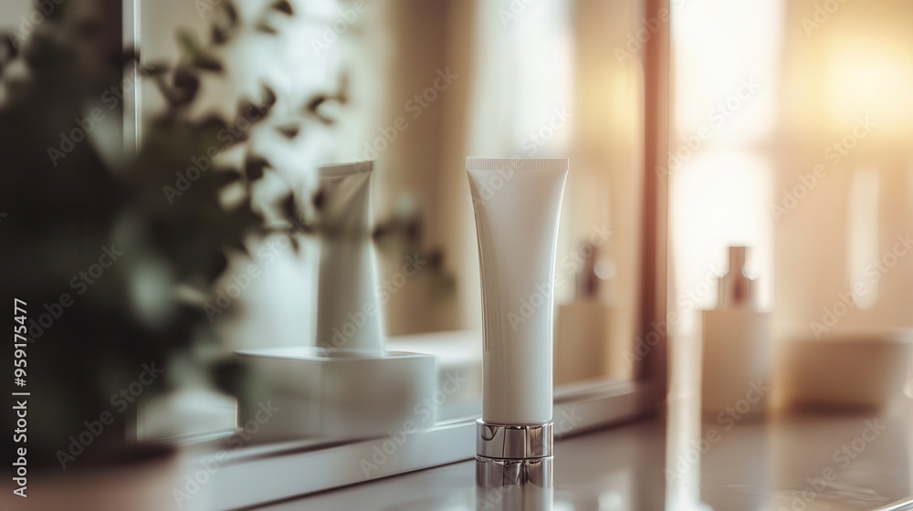 Sticker A tube of cream is placed on a bathroom counter, reflecting in a nearby mirror while soft morning light enhances the scene. Generative AI