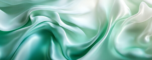 Obraz premium A sophisticated abstract background with 3D silk fabric in gradient shades of emerald green to pale mint. The fabricâ€™s smooth waves create a fresh, elegant atmosphere.