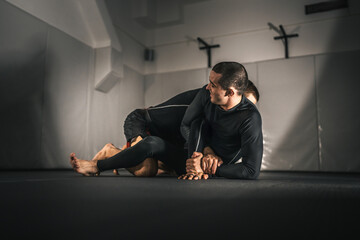 brazilian jiu jitsu bjj no gi grappling training two athletes practice