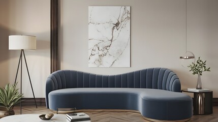 A minimalist home interior design of a modern living room. There is a luxury blue curved sofa, a marbling poster, a wooden coffee table and a large window.