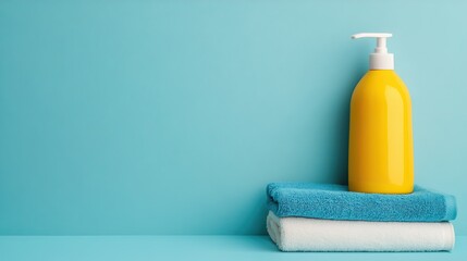 A stack of vibrant blue, white, and yellow towels rests elegantly against a pastel background, creating a bright, minimalist setting perfect for design inspiration