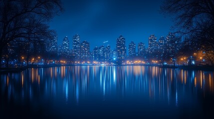 Fototapeta premium City skyline reflects on a serene lake during twilight, illuminated by city lights in a tranquil urban setting