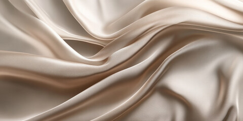 An elegant abstract background with flowing 3D silk fabric in gradient shades of warm taupe to cool beige. The fabricâ€™s smooth texture adds a refined, classic touch.