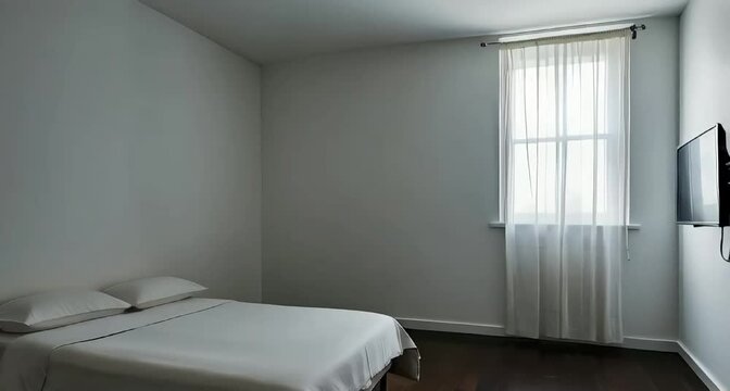 a common bedroom with a single bed, positioned against a plain white wall, and a single window with a subtle hint of natural light peeking through its lightly parted curtains.