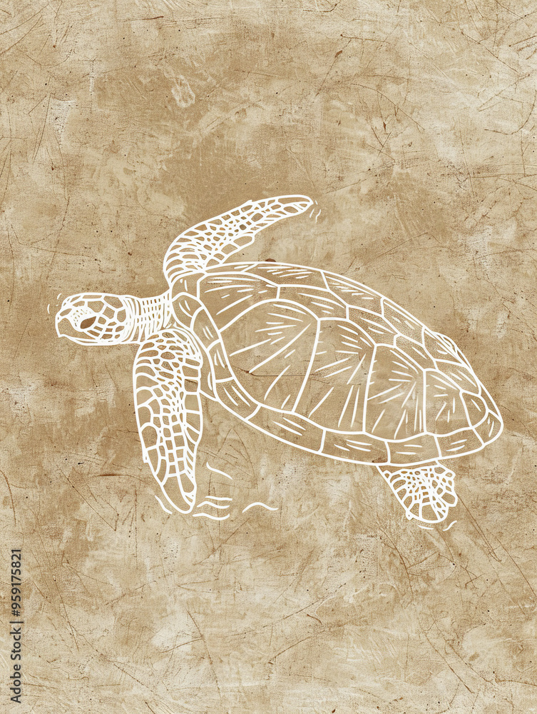Poster a simple white line drawing of a turtle slowly moving across a sandy beige background with a slight,
