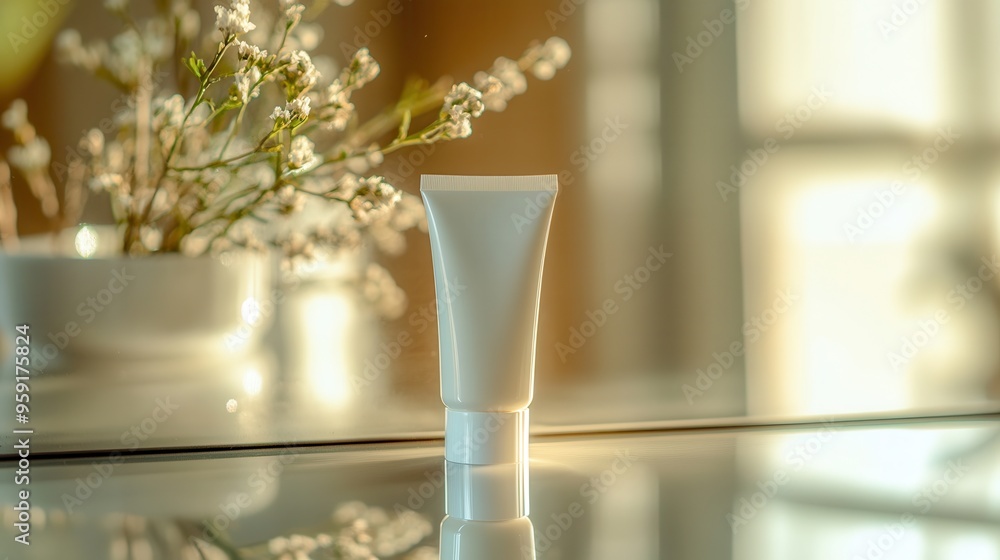 Poster a tube of cream is positioned on a surface, casting a reflection in the mirror while soft light enha
