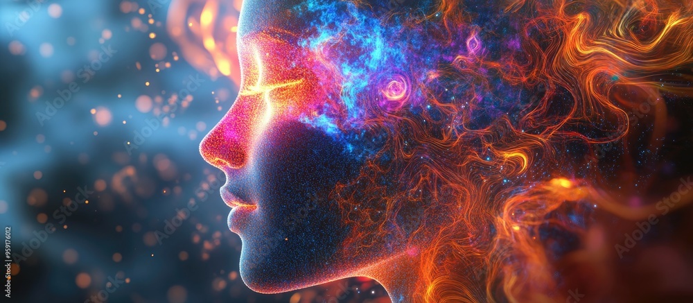 Poster human silhouette face created with spirals and abstract elements exploring themes of consciousness t