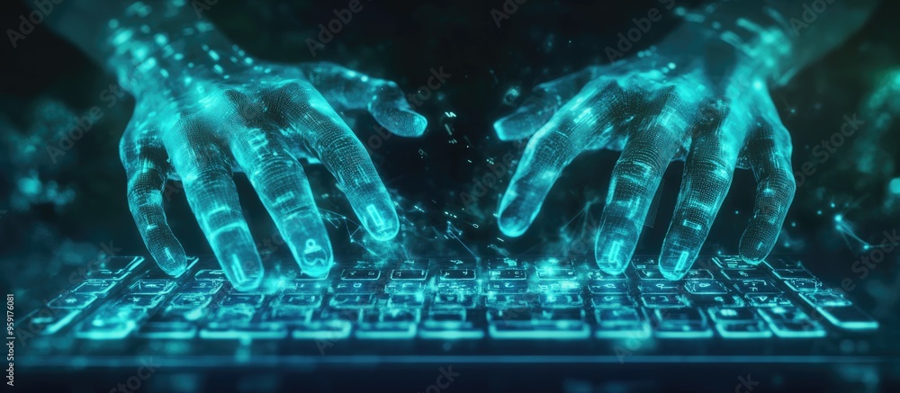 Poster double exposure of hands on a keyboard with a digital cryptocurrency hologram overlay conceptual rep