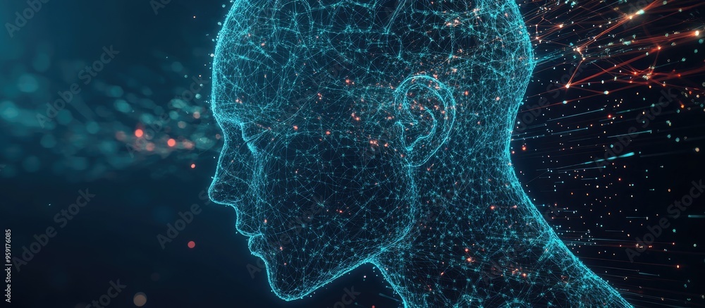 Poster interconnection of human head outlines with technological and fractal designs exploring themes of ar
