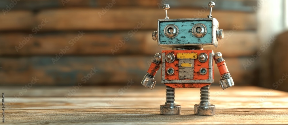Poster A small robot constructed from various bolts and nuts stands upright on a wooden table representing themes of technology progress engineering and industrialization