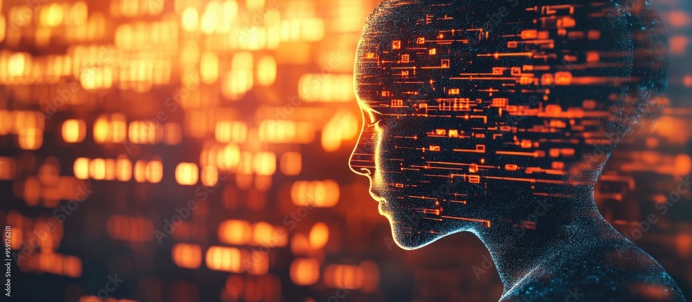Poster double exposure image of a virtual human 3d illustration symbolizing programming and technology with